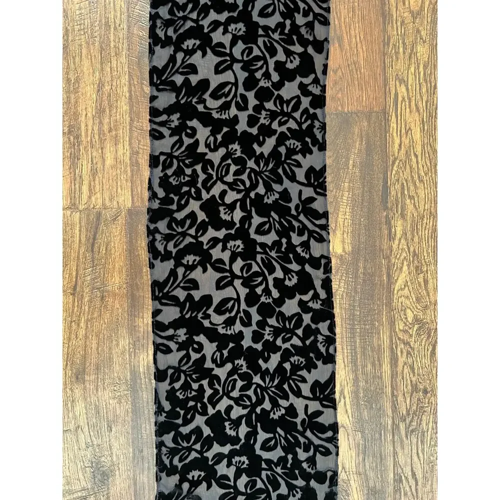 Vintage Accessory Burnout Velvet Oblong Scarf - Black Semi Sheer Floral Wrap